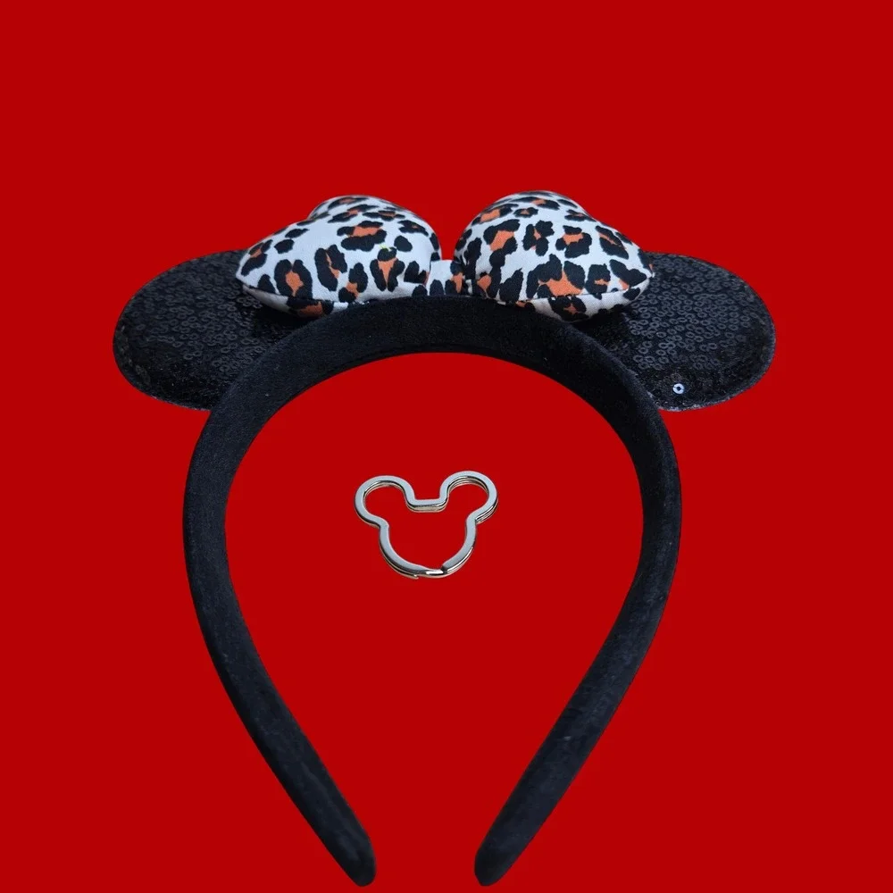 Minnie Mouse Sequin Ears Headband Leopard Print Bow Black Animal Safari